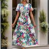 Women Autumn Winter High Waist Pleated Dress Short Sleeve Print Color Lace Up Temperament