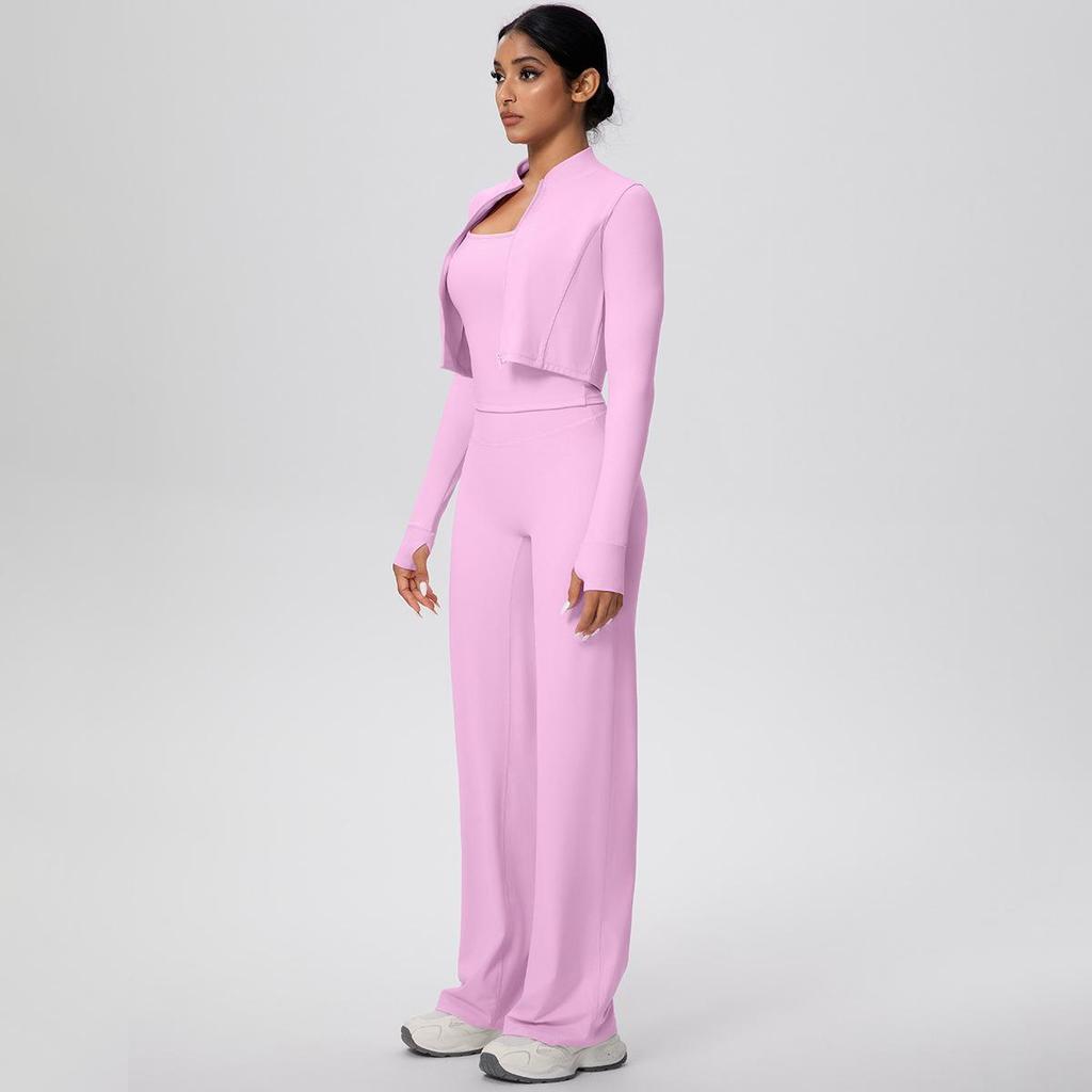 Women's High-Waisted Yoga Set: I-Beam Vest, Wide-Leg Pants, Skin-Friendly Sports Zipper Jacket