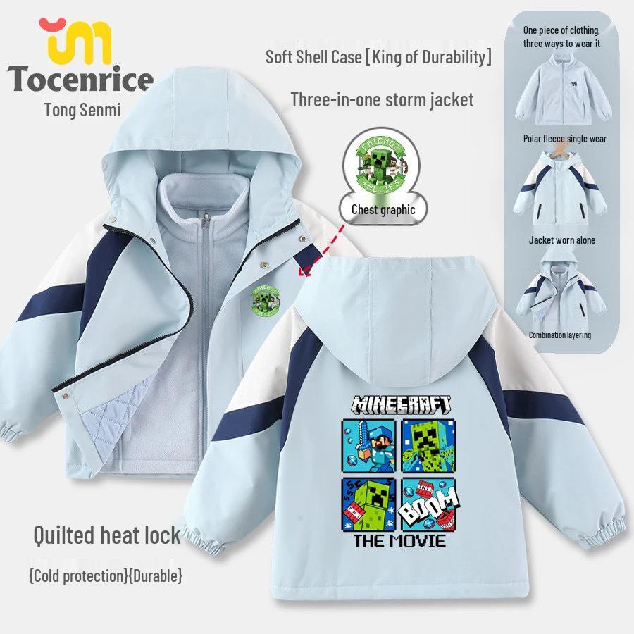 Dětská střední/velká kreslená větrovka Minecraft: 3v1 podzimní/zimní softshellová bunda