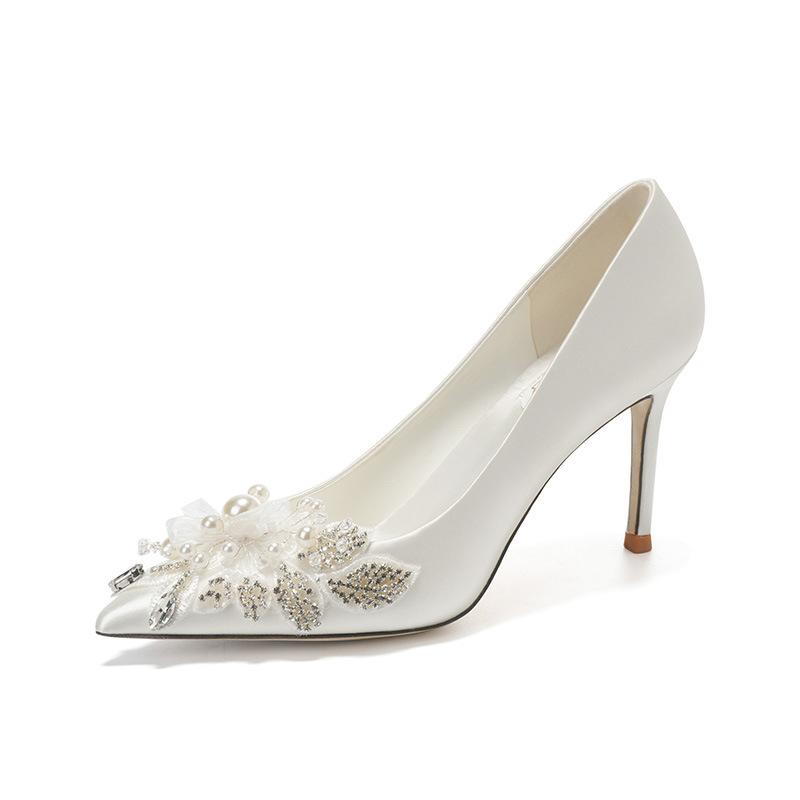 Fashion Elegant White Wedding Heels Satin Bridal Shoes Pointed Toe French High Heels