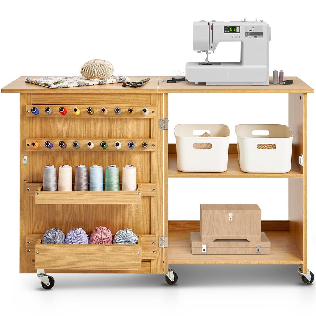 VEVOR Tavolo da Cucito Pieghevole, Tavolo Multiuso per Macchina da Cucire con Design Compatto, Ruote, Ripiani, Vaschette Portaoggetti, Pioli in Legno e Ante Magnetiche