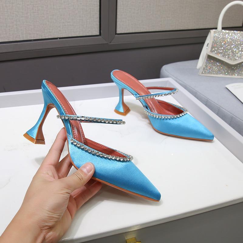New Pointed Toe High Heels Slingback Sandals with Crystal Rhinestones Wine Glass Heel Satin Women Shoes