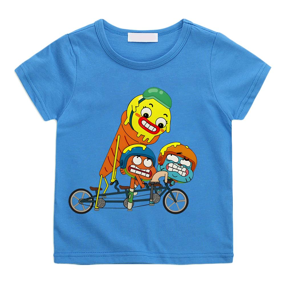 TV The Wonderfully Weird World of Gumball Cycling print T-shirts Cartoon Manga Kawaii 100%Cotton Short Sleeve Boys Girls T Shirt