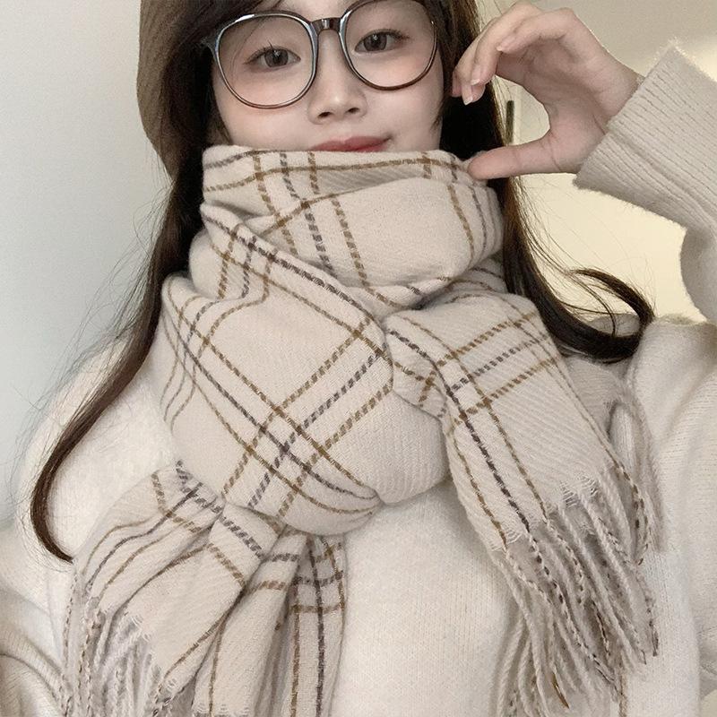 Korean Atmosphere Scarf Women's Winter Imitation Cashmere Plaid Warm Scarf Thickened Student New