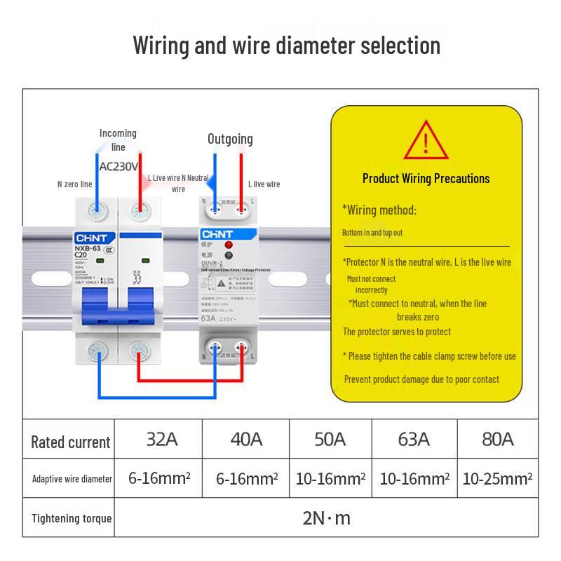 OUVR-2 Dual Voltage Protector: Self-Recovery Over/Under Voltage 1P+N Circuit Breaker, 3P+N Configuration, 40A/63A, Bottom-In, Top-Out Connection.