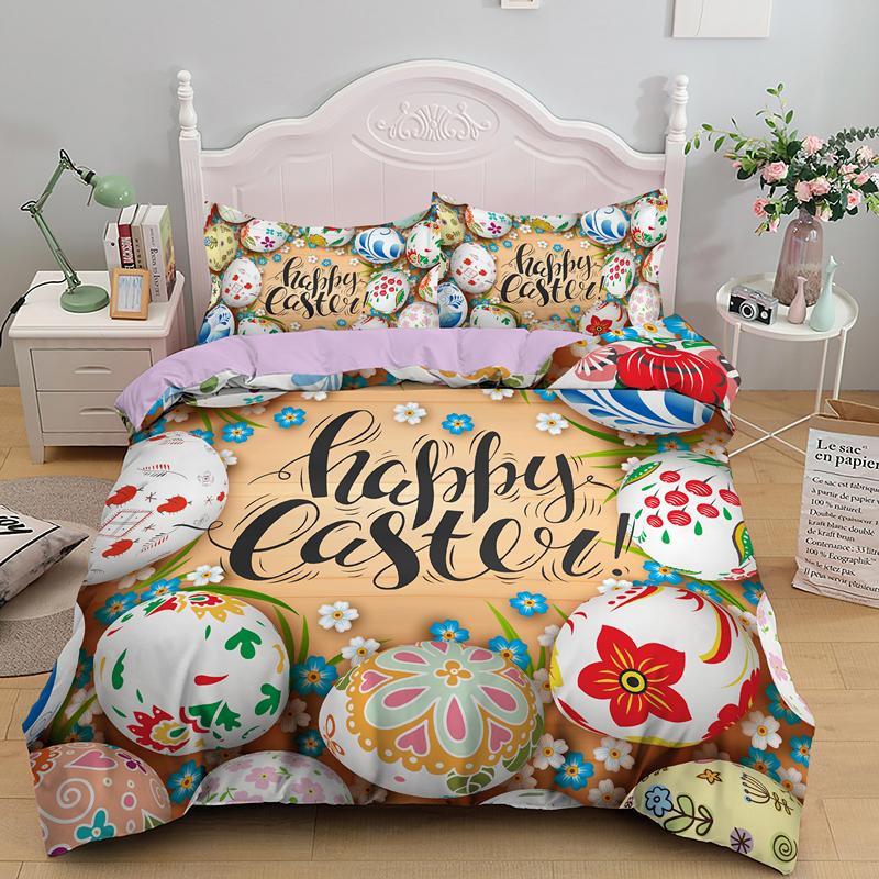 Easter Egg Duvet Cover Set Cartoon Cute Egg Bedding Set Happy Easter Theme Comforter Cover For Kids Teens Microfiber Bedclothes