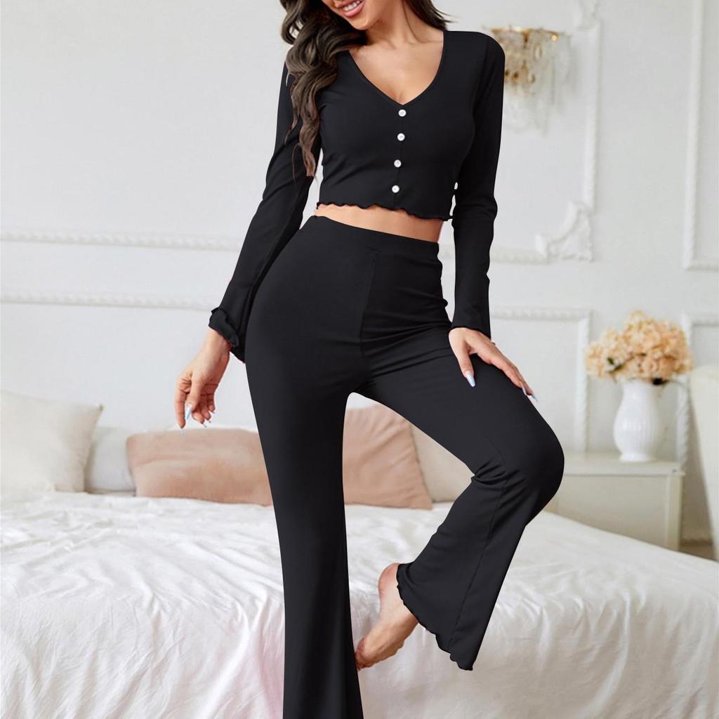 Women Sleepwear Set Casual Long Sleeved V-neck Top with Elastic Pant Autumn Comfortable Solid Color Home Clothes 2-piece PJ Set