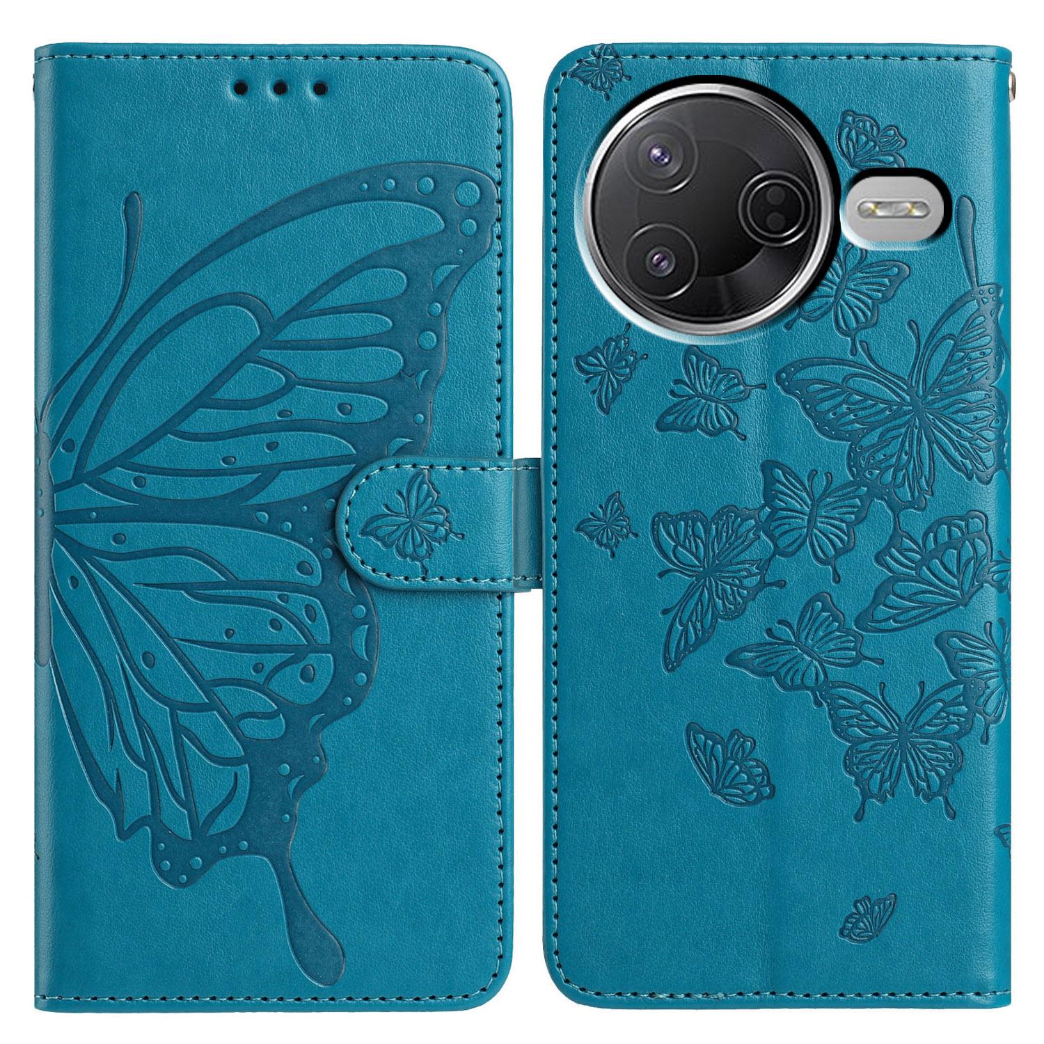 

Wallet Case for Xiaomi Redmi K80 5G/Poco F7 Pro 5G Butterfly Imprinted PU Leather Phone Cover with Strap Blue