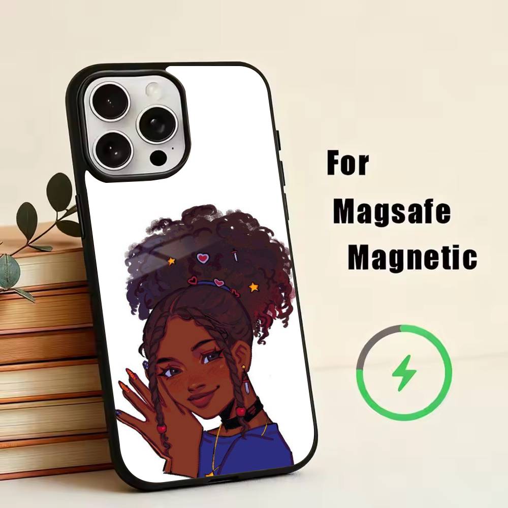 Cartoon Black Girl A-Afro Phone Case For iPhone17,16,15,14,13,12,11 Plus,Pro Magnetic with Magsafe Wireless Charging
