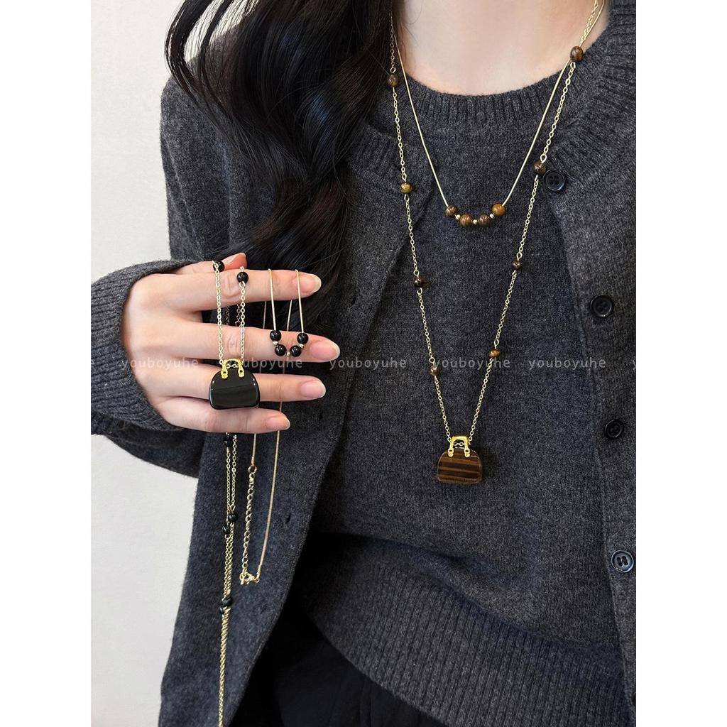Korean-Style Tiger Eye Stone Layered Necklace: Women's Luxury Sweater Chain, Niche Exquisite Accessory