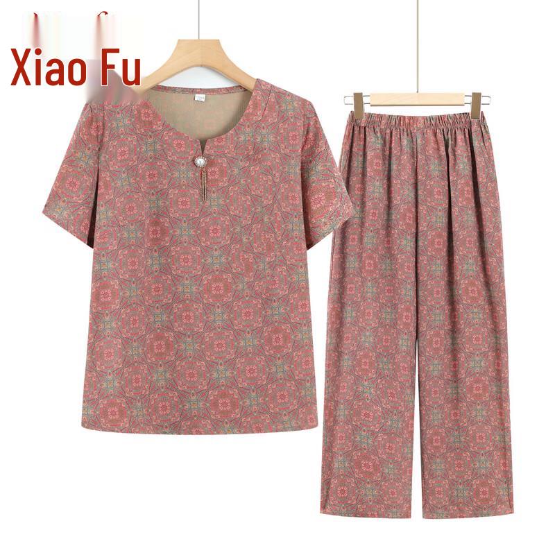 

Elderly Women s Summer Printed Short-Sleeve Two-Piece Set XL