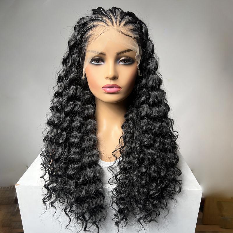 Black 13x4 front lace braid small roll headgear, high temperature silk chemical fiber women's wig headgear e-commerce