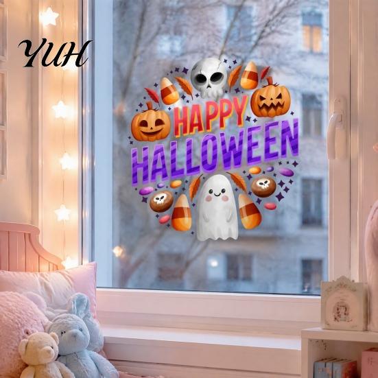 Waterproof PVC Party Decorations Halloween Window Clings, Cute Ghost Pumpkin Skull Happy Sticker, Reusable Decorative Holiday Film Double Sided Static