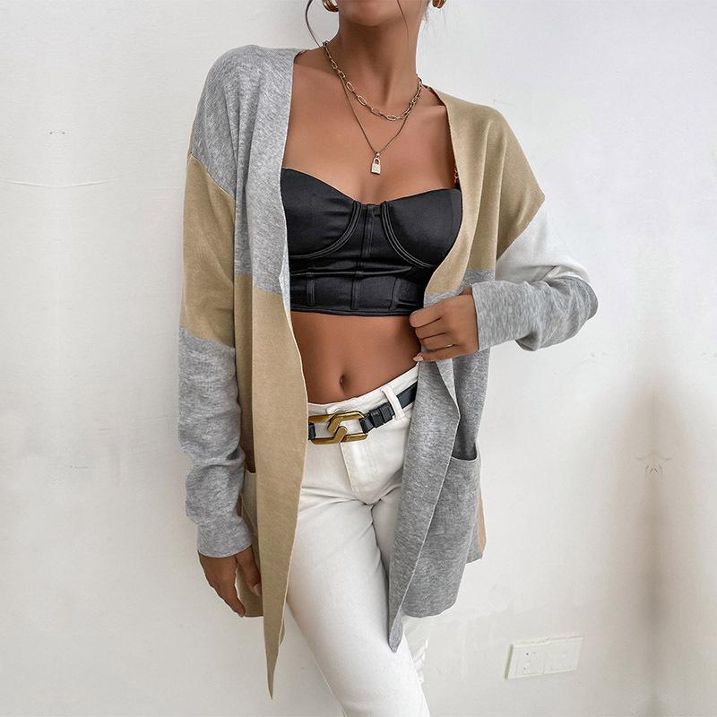 Temperament and Elegance Outer Wear Autumn and Winter Fashion Knitted Long-sleeved Colorblocked Sweater Cardigan Women