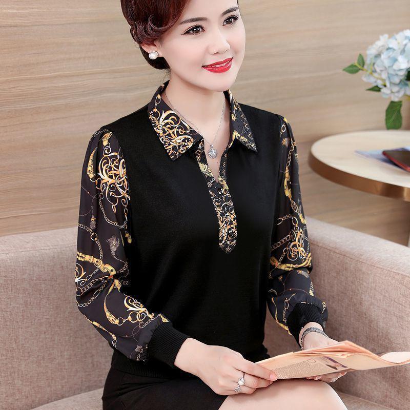 Mote Koreansk Nedslått Krage Langermet Topper Dame Casual Pendling Trykket T-skjorte Pullovere Dameklær Høst Vinter