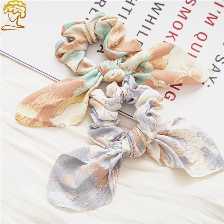 Vintage Print Ribbon Scrunchies Long Tail Hair Tie Elegant Hair Accessory for Women Vacation Style