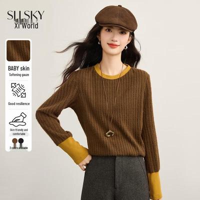 SLLSKY Women's Color-Block Crew Neck Knitted Long Sleeve Pullover