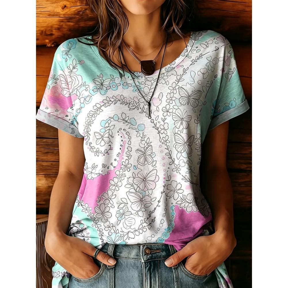 Women's Multicolor Floral Paisley Round Neck T-Shirt, Short Sleeve Casual Tops, Boho Daily Wear for Spring Summer