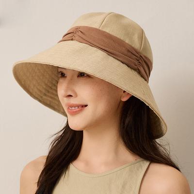 Cotton Linen Lightweight Breathable Fisherman Hat Women's Summer Color-Matching Pleated Sunshade Hat