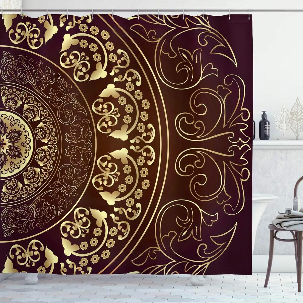 Mandala Shower Curtain,Vintage Cosmos Oriental Breeze Pattern Swirled Floral Leaves Cloth Fabric Bathroom Curtain Set with Hooks