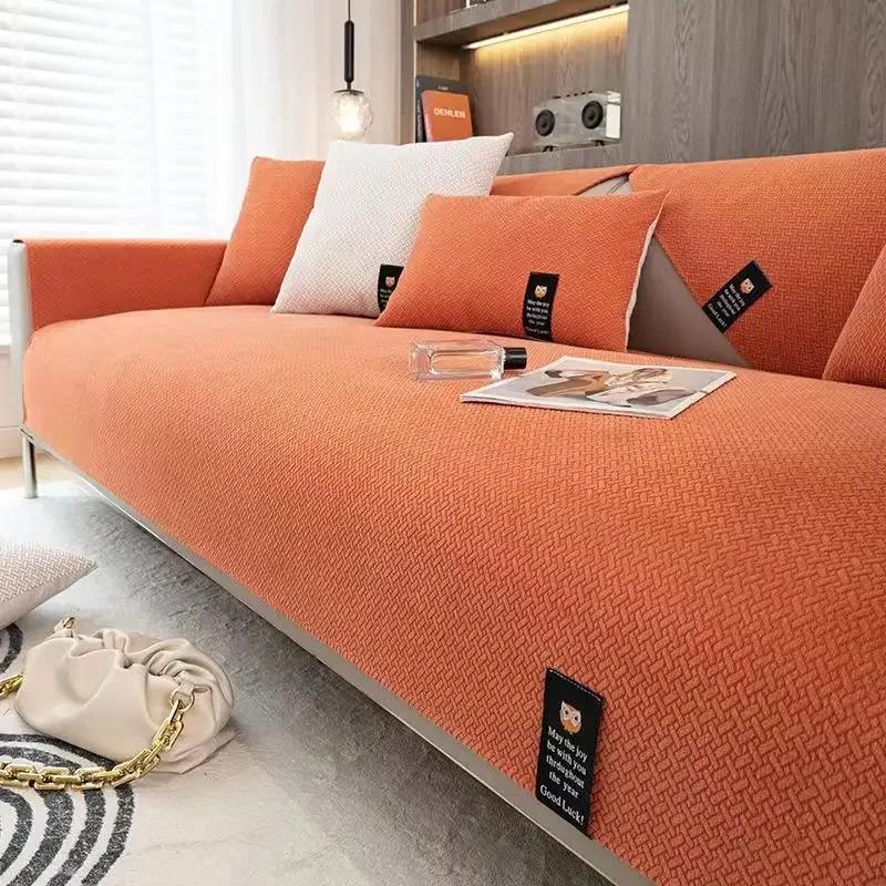 Luxury Non-slip Sofa Towel for Living Room Solid Color Grid Sofa Cover Four Season Universal Chenille Couch Cushions Slipcover