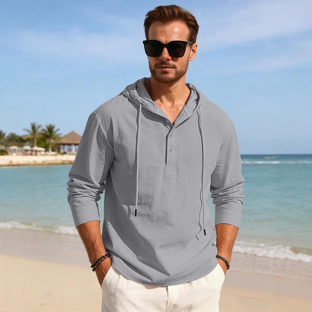 Men's Cotton Linen Hooded Long Sleeve Shirt Lightweight Quick Dry Loose Casual Solid Color Top
