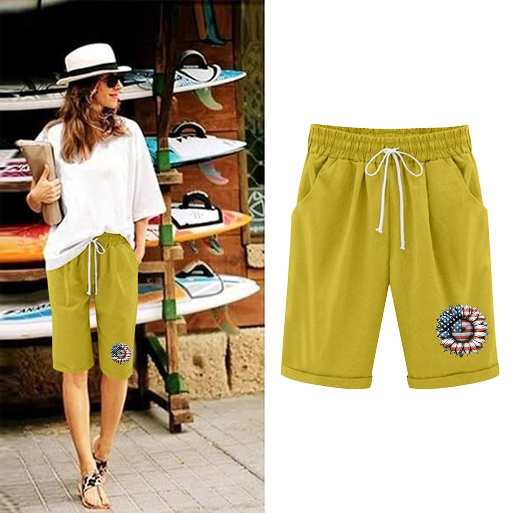 Plus Size Shorts For Women Stretchy Curvy Cotton Linen Drawstring Elastic Waist Bermuda Shorts Casual Beach Clothes