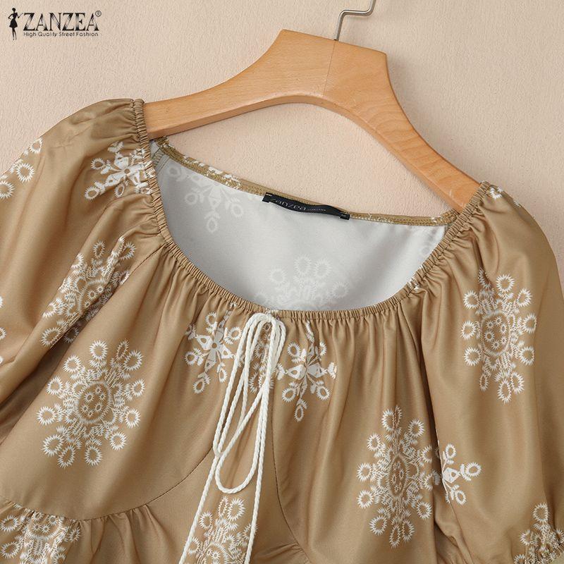 ZANZEA Women Casual Round Neck Loose Short Sleeve Summer Print Blouse