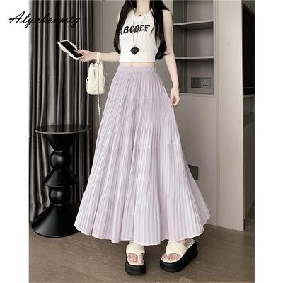 Fairycore Summer Women Midi Pleated Skirt High Waist Black White Beige Purple Fairy Ruffles Skirt Elegant Feminine Ladies' Basic Skirts