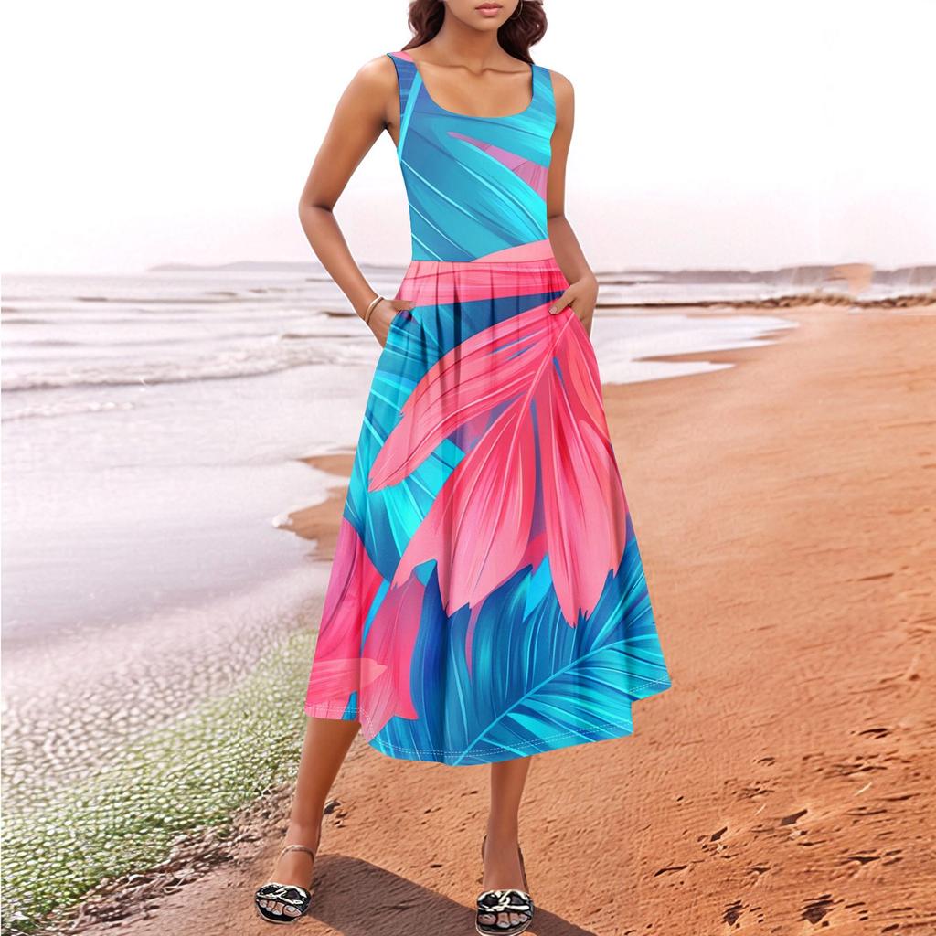 Women's  Summer Spring Casual Floral Sundress Sleeveless Beach Vacation Flowy Boho Tank Midi Dresses