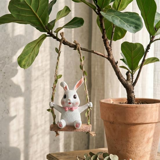 Rabbit on A Swing Ornament Durable Resin Waterproof Hanging Decor with Hemp Rope And Leaf Design Pendant for