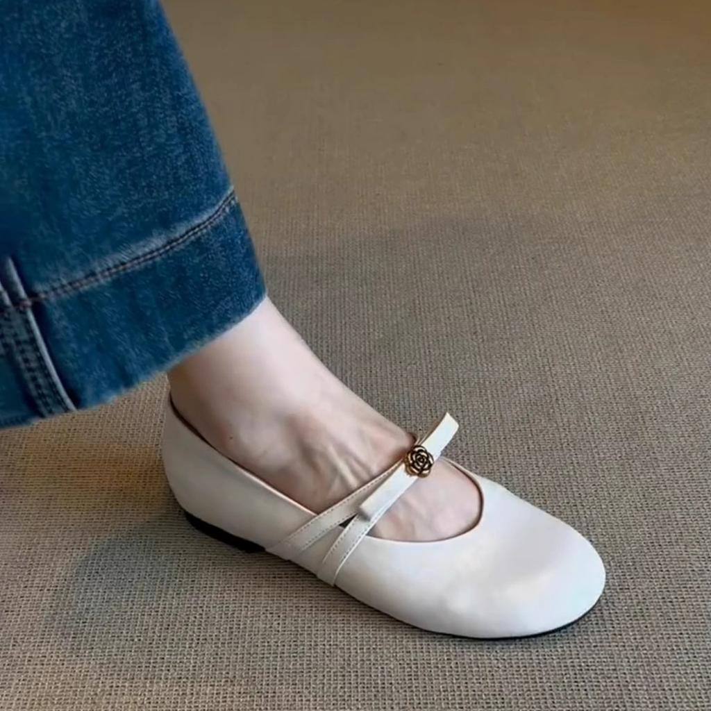 Sheepskin~ French Flat-soled Single Shoes Women's Camellia Bow with Gentle Evening Breeze Round Head Mary Jane Shoes