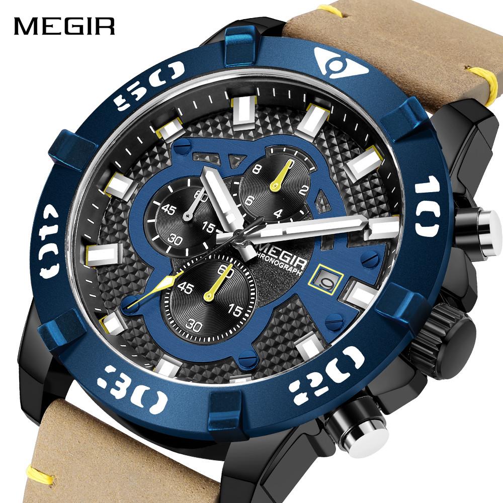 Megir 2021 Blue Mens Watches Top Brand Luxury Chronograph Sport Watch for Men Clock