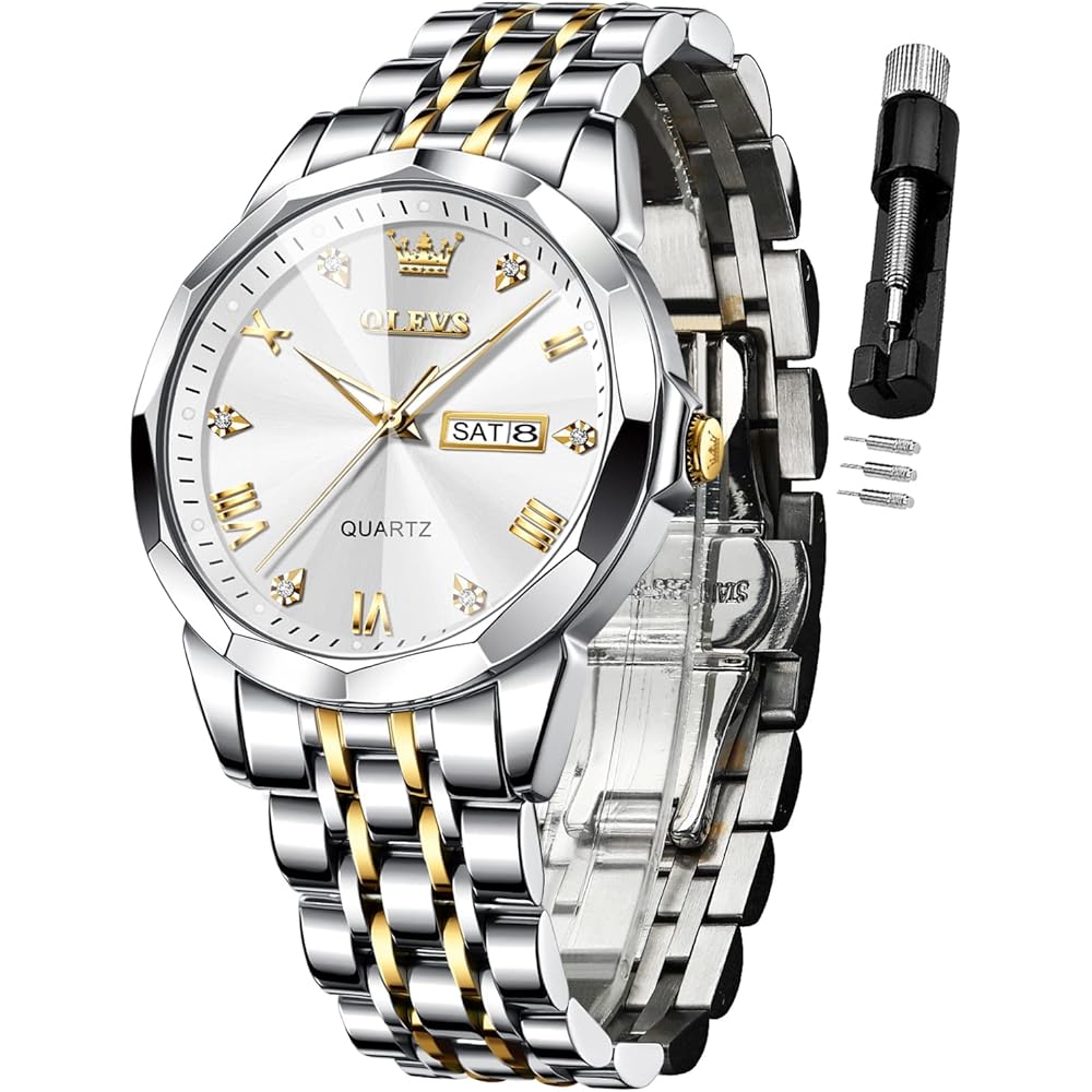 OLEVS Men s Luxury Two-Tone Analog Quartz Watch with Diamond, Waterproof, Date Display, Stainless Steel