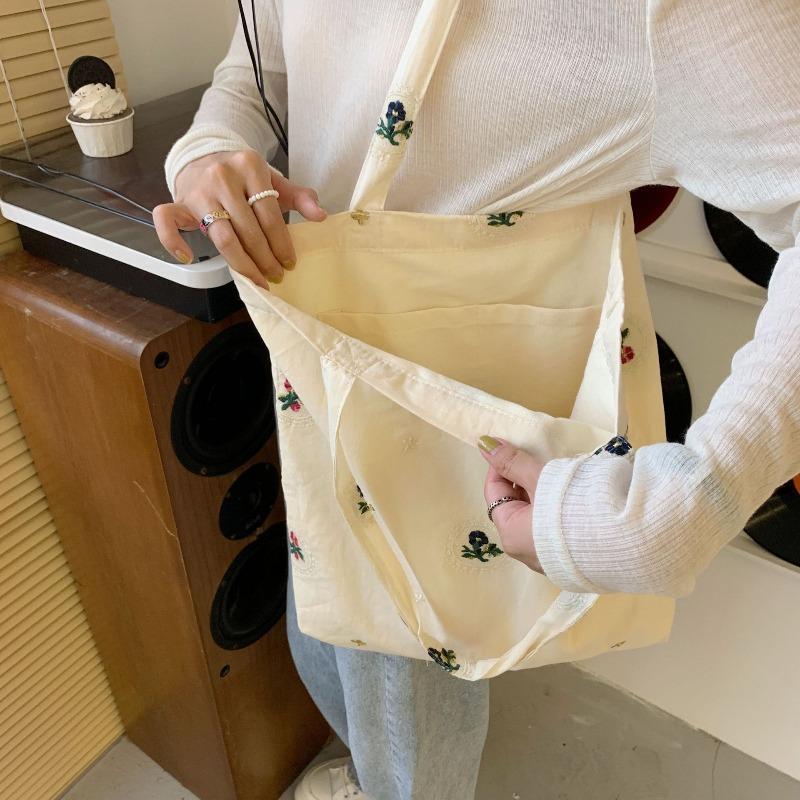 2 Bags Women's Embroidered Flower Canvas Bag Trendy Girl Shoulder Underarm Bag College Student Cloth Bag
