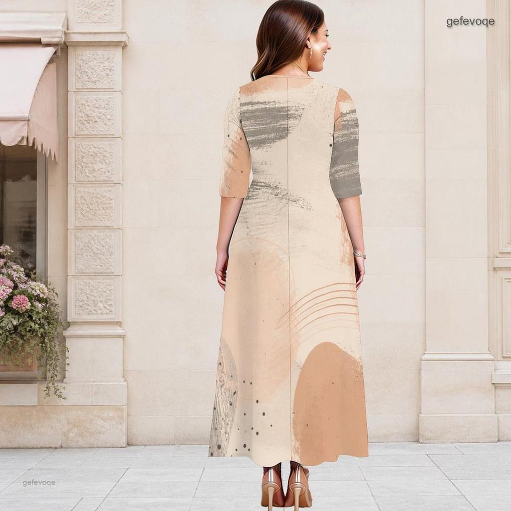Women Plus Size Round Neck Keyhole 3 4 Sleeve Abstract Print Long Maxi Dress