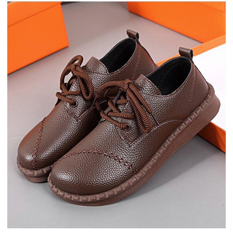 New Women'S Comfort Flats - Leather Lace-Up Shoes With Anti-Slip Cushioned Sole, Spring/Fall Casual Shoes For Mothers