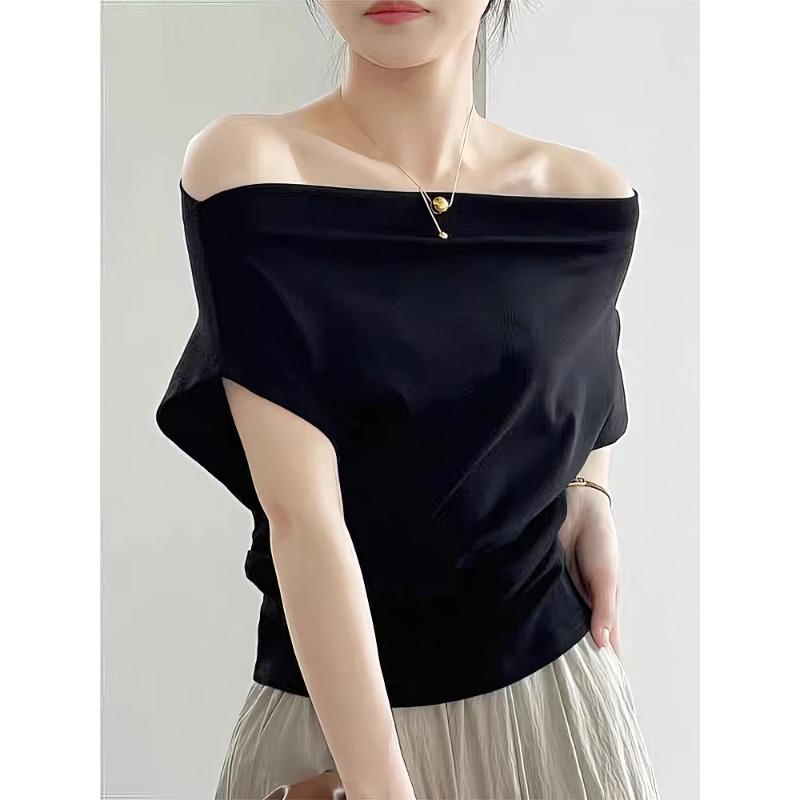 Korean Elegant Summer Off Shoulder Top Women One Shoulder Loose Casual Short Sleeve T Shirt Fashion Basic Blouse Lady Spring Sum