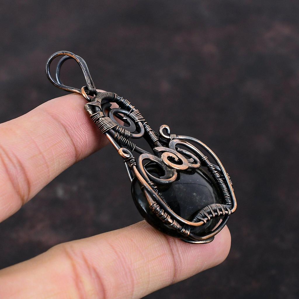 Silver Sheen Obsidian Pendant Copper Wire Wrapped Pendant Handmade Jewelry Gemstone Pendant Brand New Pendant Copper Jewelry Gift For Mother