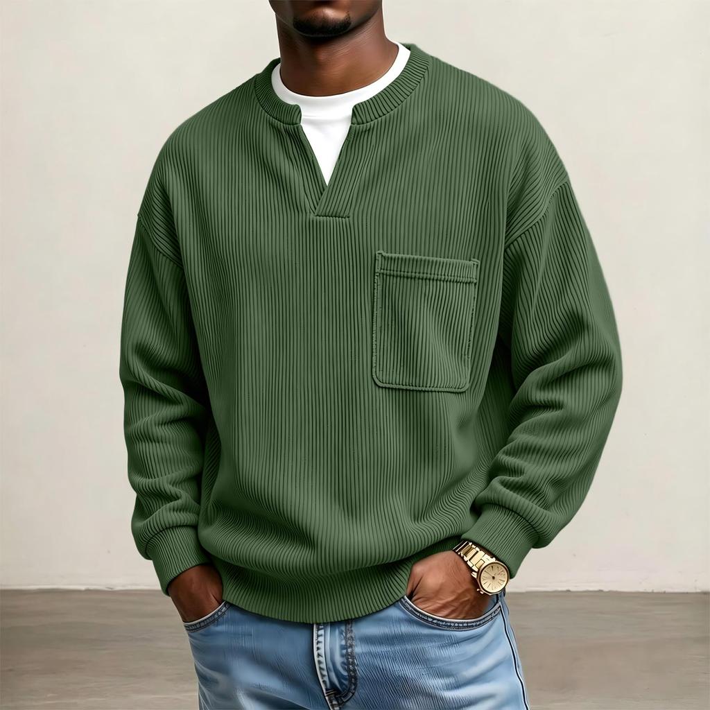 Sweatshirt en velours côtelé à col en V avec poche pour homme, pour un style décontracté de tous les jours