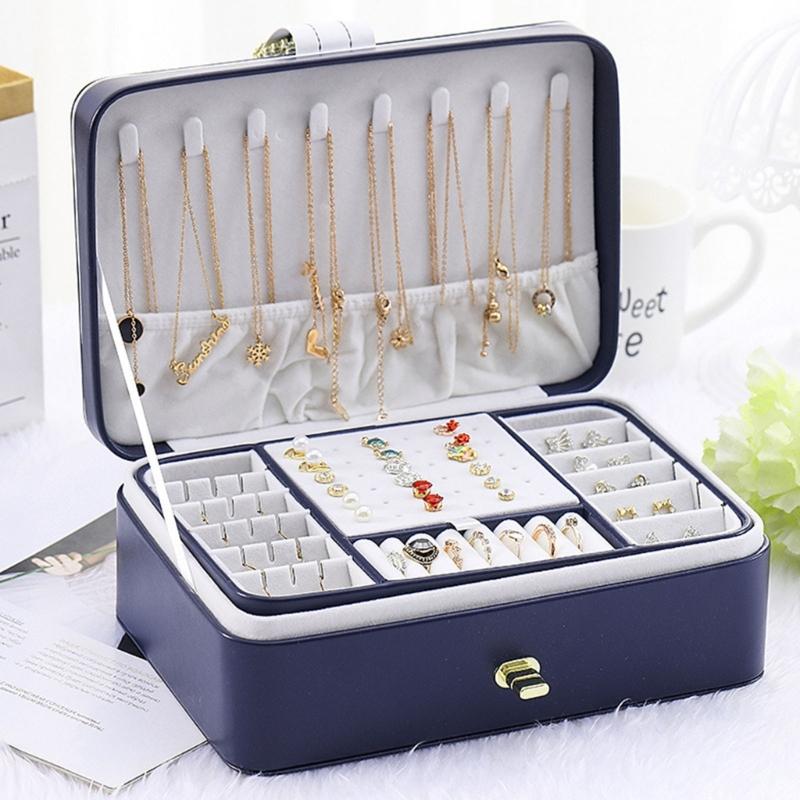 Jewelry Box with PU-Covered Exterior, Lift-Out Upper Tray, Ring Rolls, Earring Panel, Necklace Hooks, and Lid Pocket
