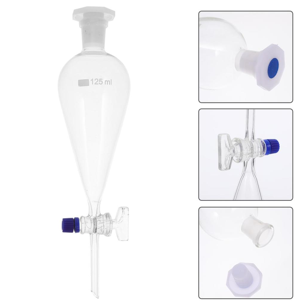 Borosilicate Glass 125 ML Conical Separatory Funnel - Separatory Funnel Pear Funnels with PTFE Stopcock, Laboratory Heavy Wall Conical Separatory