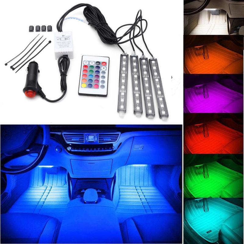 4 pz Auto RGB HA CONDOTTO LA Luce di Striscia HA CONDOTTO Le Luci di Striscia Colori Car Styling Decorativo Atmosfera Lampade Auto Luce Interna Con Telecomando 12 V