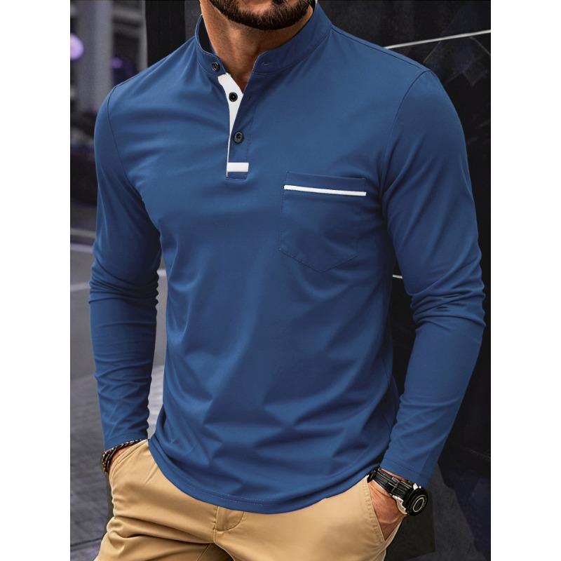 Men S Stand Collar Henley Long Sleeve Casual Polo Shirt