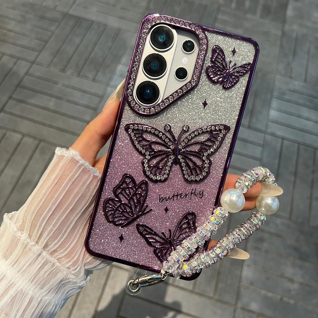 Funda de Teléfono Antigolpes con Mariposa Brillante y Pedrería para Samsung S26 Ultra/S24 Plus A16
