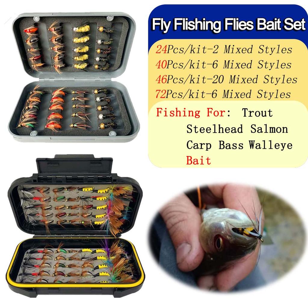 24-72Pcs Artificial Insect Bait Set, with Dry/Wet Flies, Fly Fishing Flies Kit, Fly Assortment Trout Bass Fishing Baits Lures with Fly Box