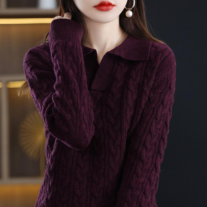 Autumn/Winter 2025 Retro Polo Collar Cashmere Sweater - High-End Knitted Cable Base Layer