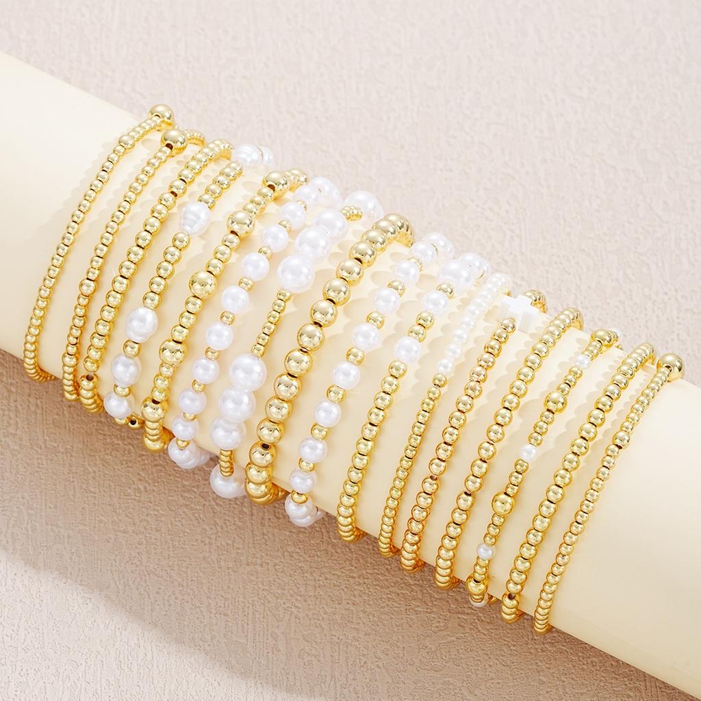 13pcs Vintage Gold Color Pearl Bead Bracelet Set for Women Elegant Multi Layer Stacked Elastic Bracelets Daily Holiday Jewelry