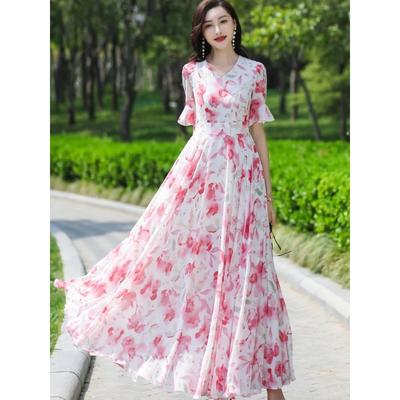 Women's Floral Print Maxi V-neck Ruffle Short Sleeve High Waist Chiffon Casual Summer Dress