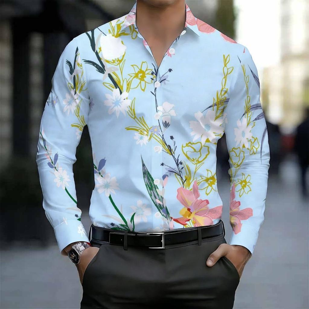 Men Collared Shirt Light Blue White Apricot Floral Leaf Print Long Sleeve Button Down Top